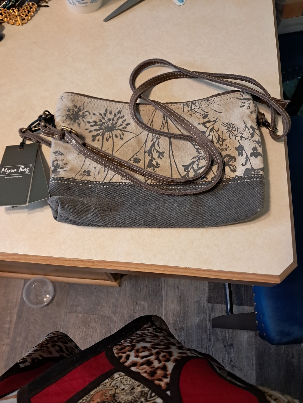 Floral Canvas Crossbody Bag in Beige and Brown - Myra Bag